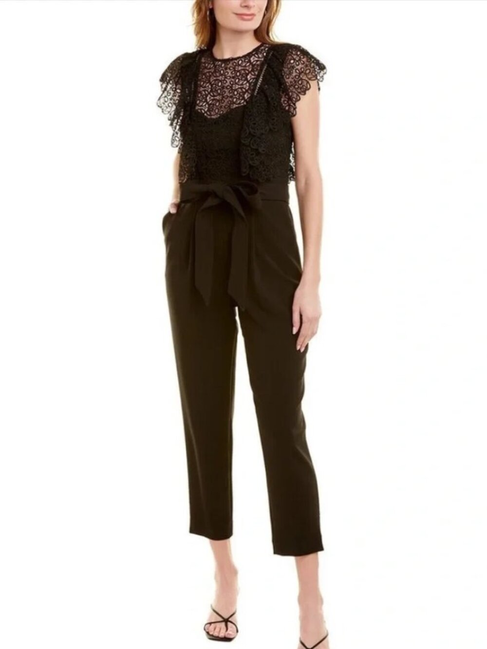 Pearl by Lela Rose Guipure Black Lace Bodice Pleated Ankle Pant Jumpsuit